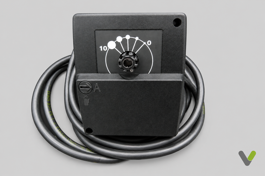Lineg shunt actuator 0 to 10 manual dial and coiled cable on flat light-grey background with small V watermark
