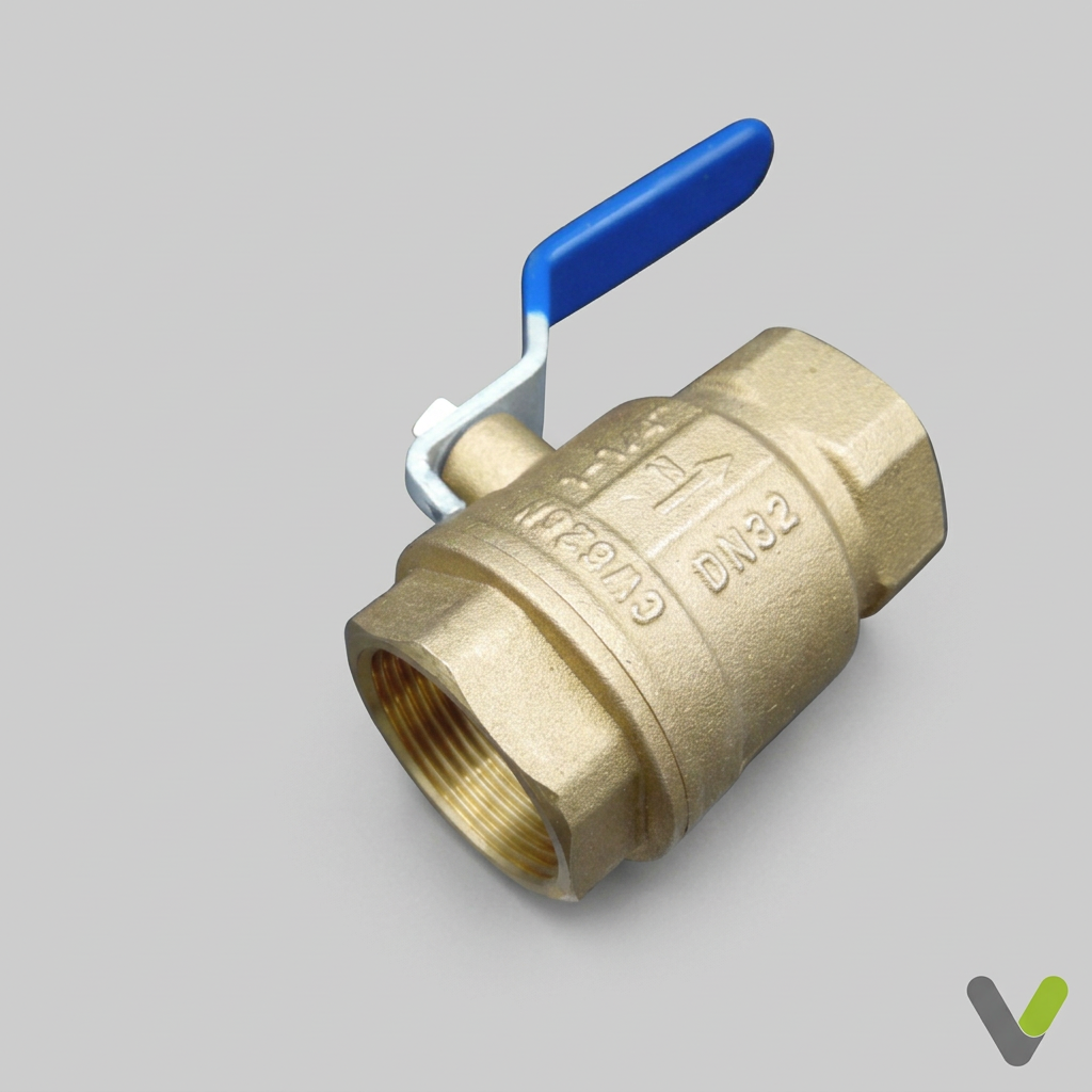 Angled view of brass threaded valve with blue lever on a light grey background