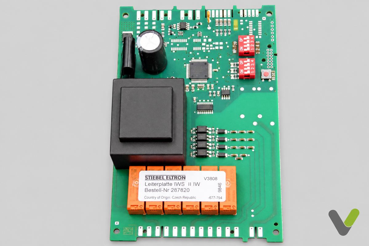 Stiebel Eltron 287820 IWS II IW electronic control board, upright view on light grey background