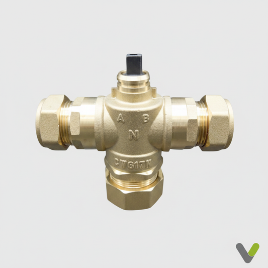 Nibe 3-way diverting valve body 824082 - front view showing T-shape, compression fittings and actuator stem