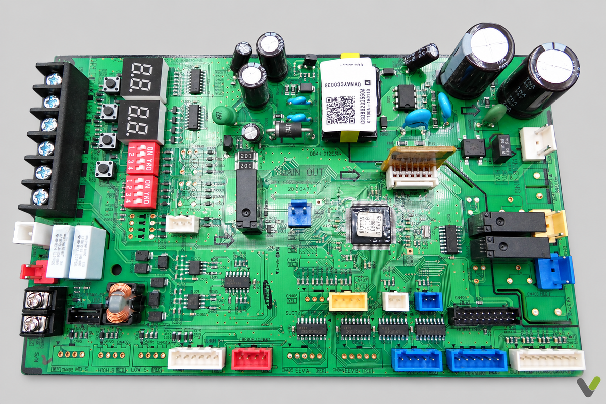 Samsung DB82-02559A control PCB landscape view on flat light-grey background with V logo