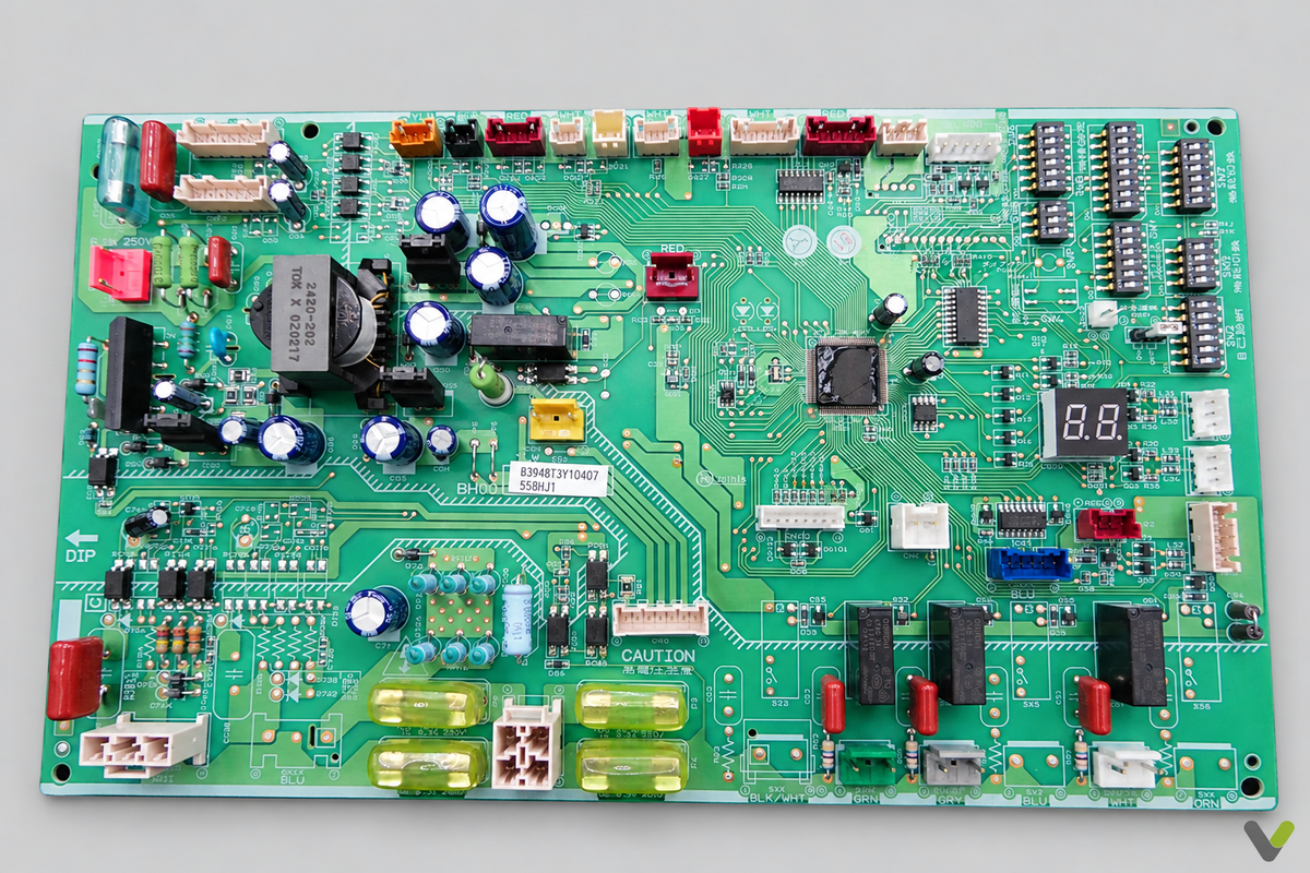 Mitsubishi controller PCB front-on component-side view on flat light grey background with V watermark