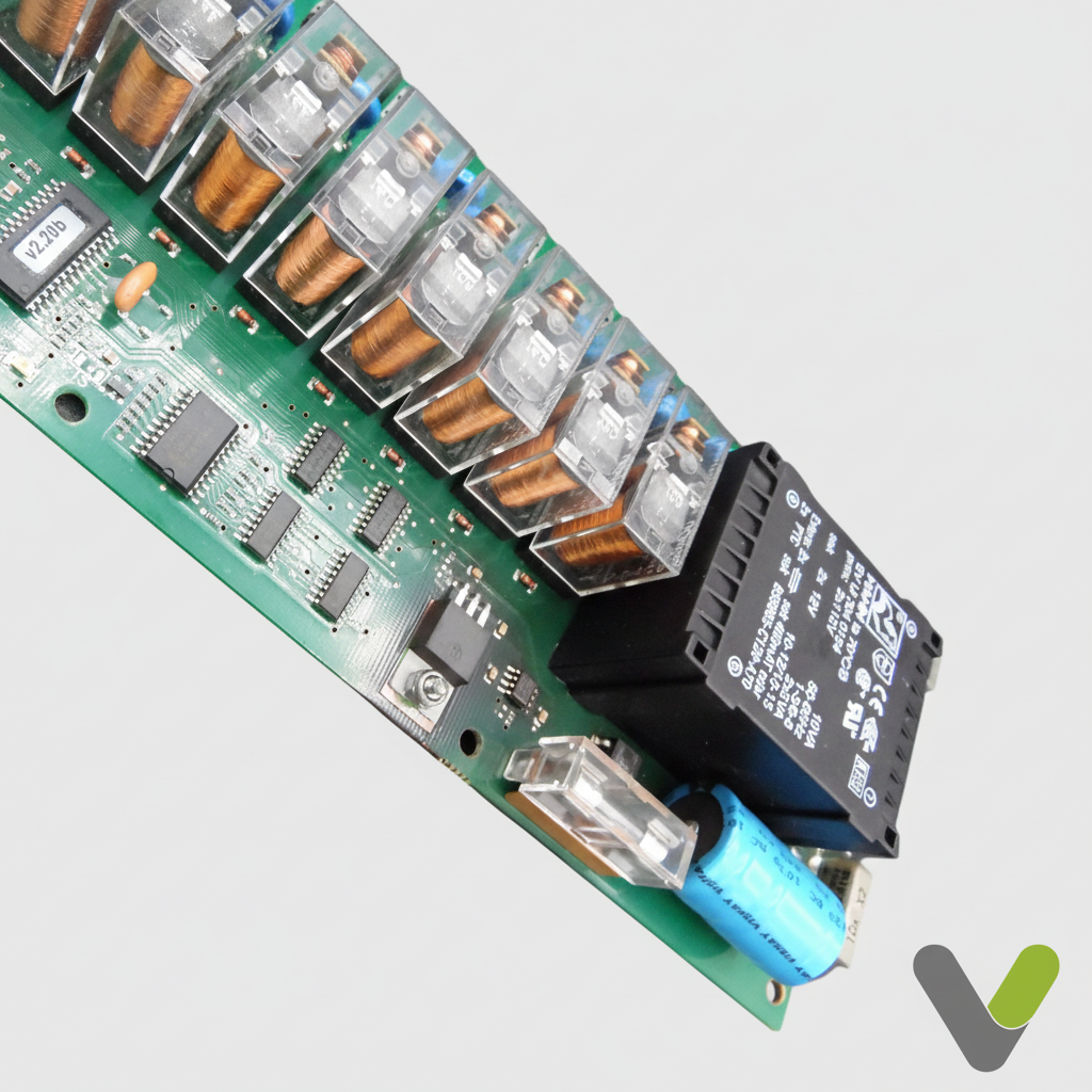 Close-up of Nibe relay card 718127 showing the relay bank and transformer