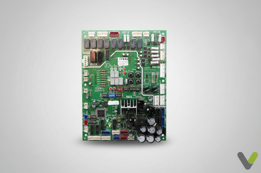 Hitachi main PWB1 card E02833 top-down view on grey studio background