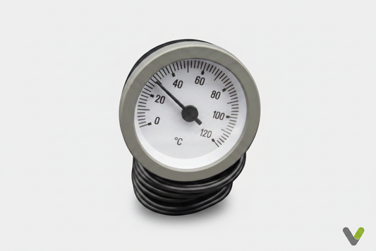 Nibe Thermometer 0-120°C 518738 on light grey background with Varme Tec V logo