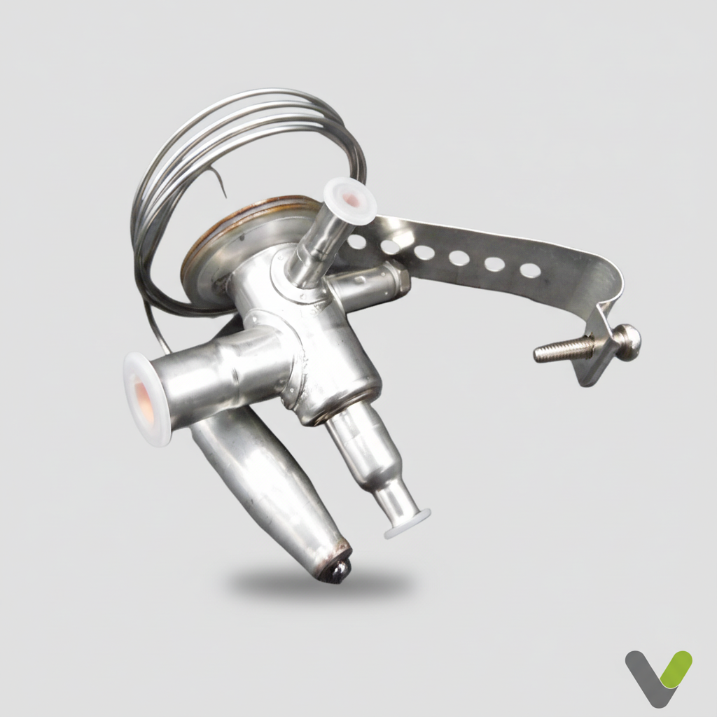 Rear view of Nibe Danfoss thermostatic expansion valve 624930 assembly