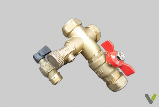 NIBE 624972 valve combination with red ball valve handle and filling valve, front view