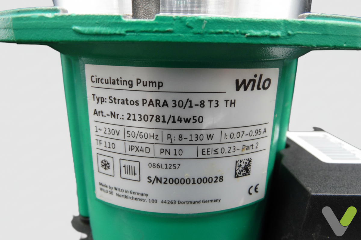 Wilo Stratos PARA 30/1-8 T3 rating label showing Art.-Nr. 2130781 and electrical data