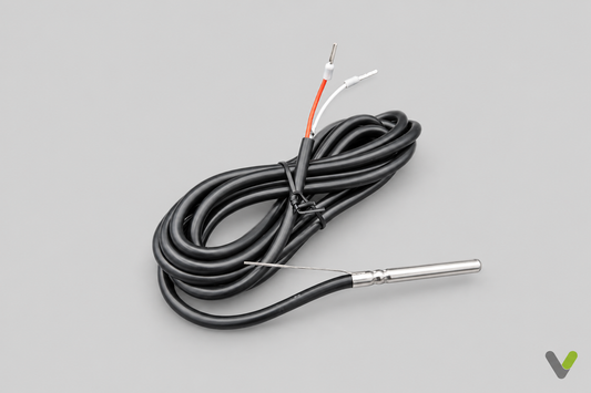 TAF PT temperature probe with coiled black cable and two wire ends on flat light grey background with corner V