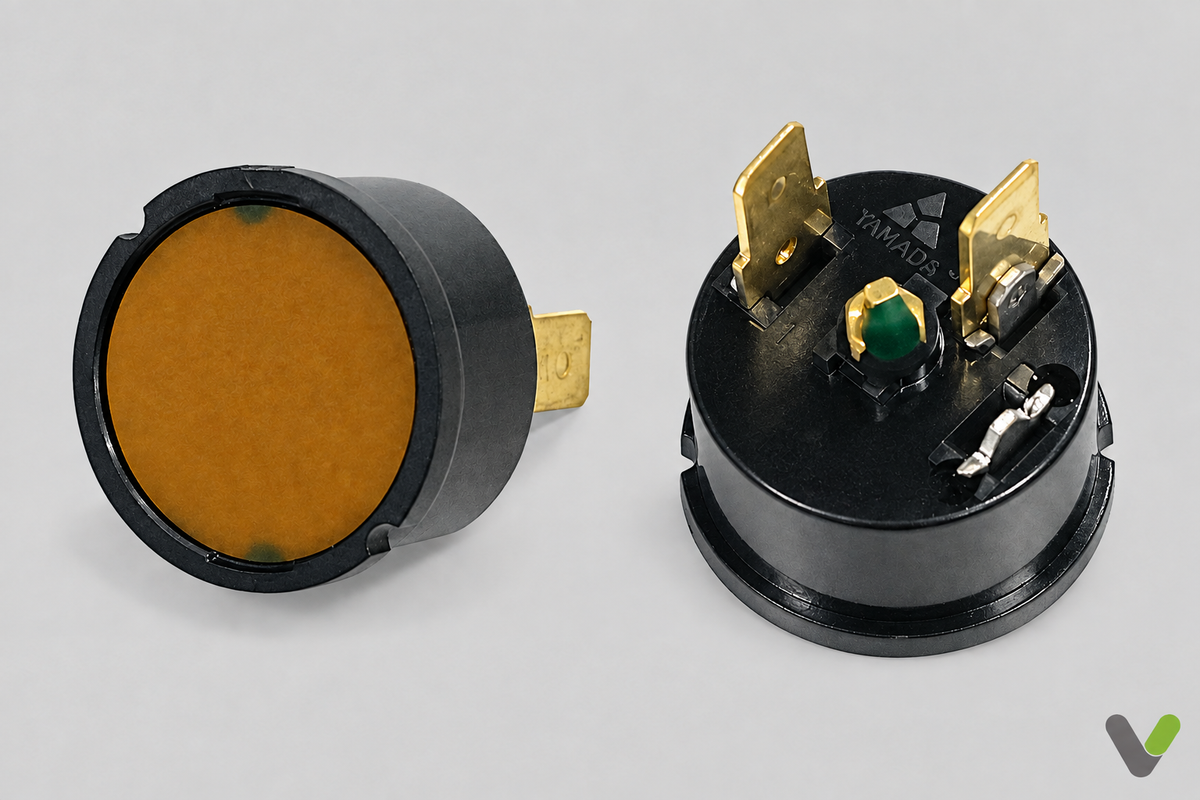 Front and connector-side views of a round component on light grey background
