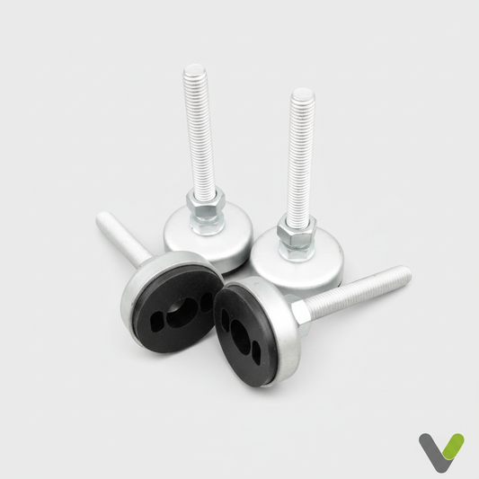 Nibe adjustable heat pump feet 016895 M12 - pack of 4 showing threaded rod, hex nut and rubber base