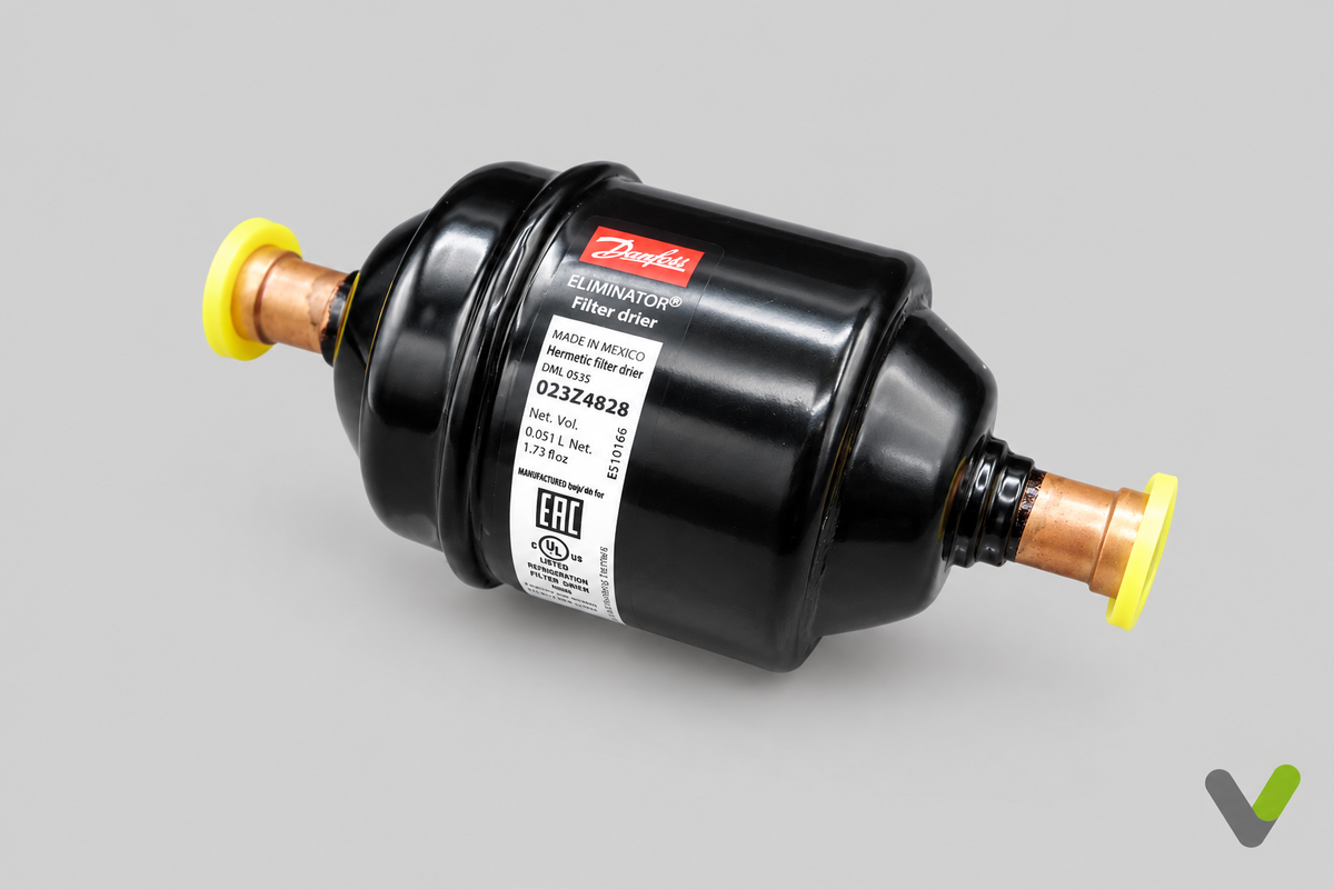Angled view of Danfoss 023Z4828 filter drier, NIBE part 224427