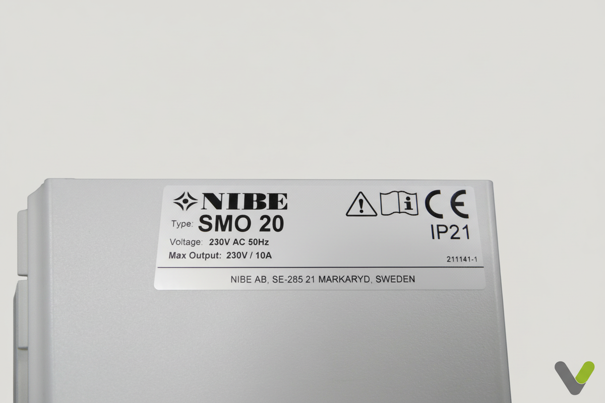 Nibe SMO 20 rating label showing 230V AC 50Hz and IP21