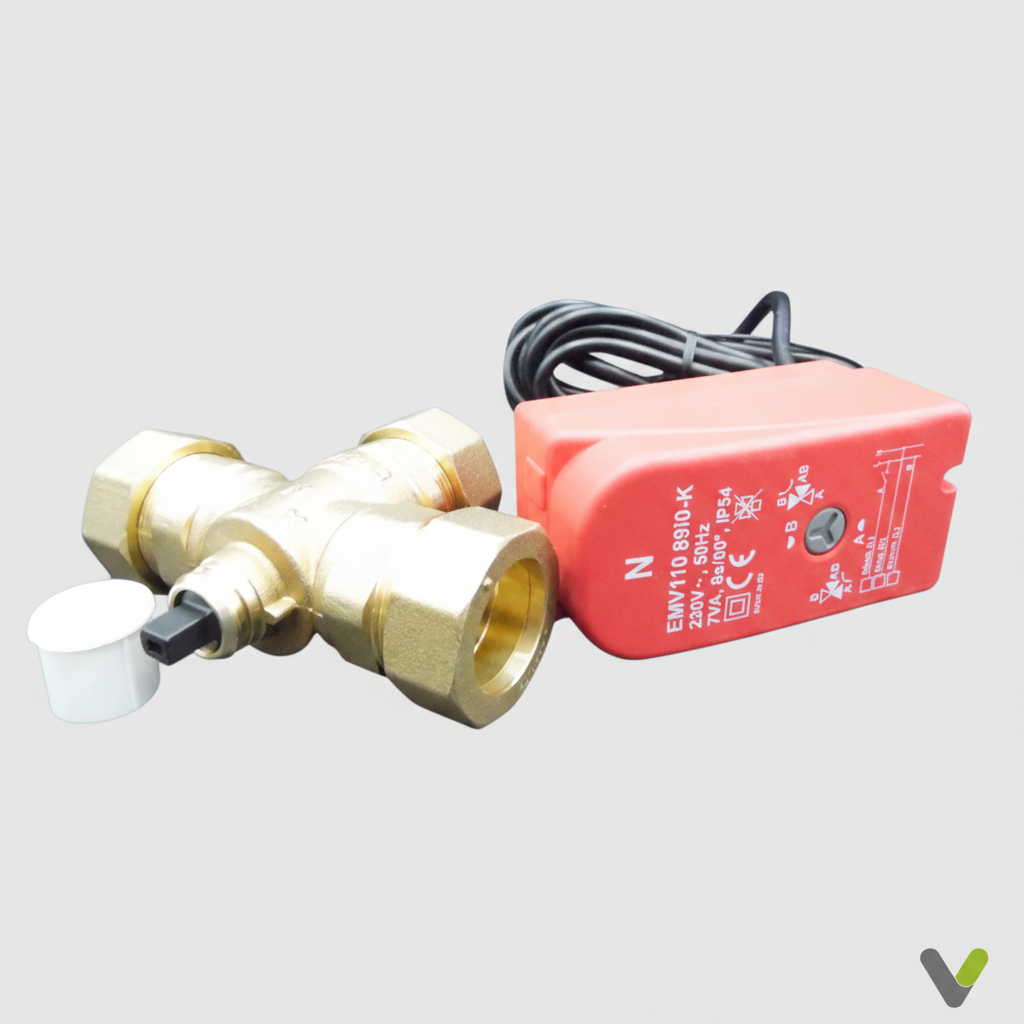 Nibe 3-way motorised valve and body 089152/218900 - brass valve body and red EMV110 actuator motor
