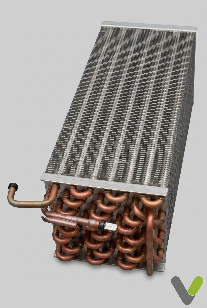 NIBE evaporator 524665 showing finned heat exchanger and copper pipework