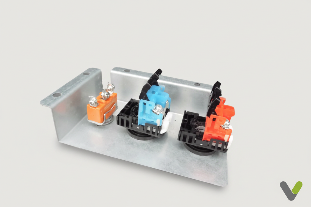 Hitachi on off switch internal contactor assembly on grey studio background