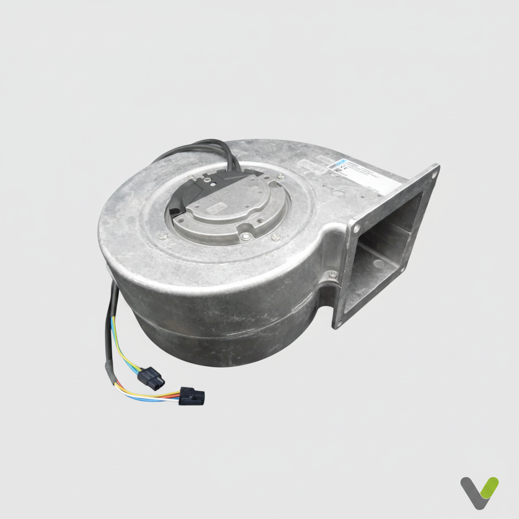 Nibe F730 F750 DC Fan Assembly 060249 - rear angle showing motor cover and wiring loom