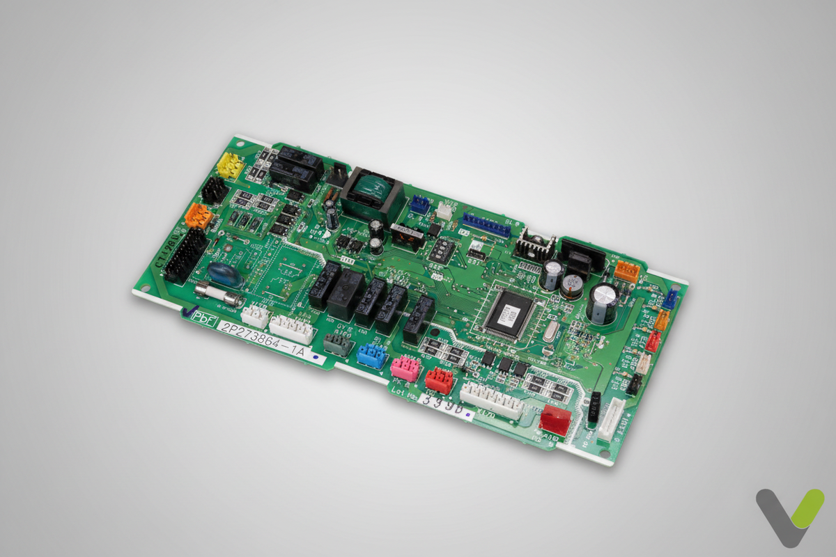 Daikin control PCB 5006570 top-down view on grey studio background