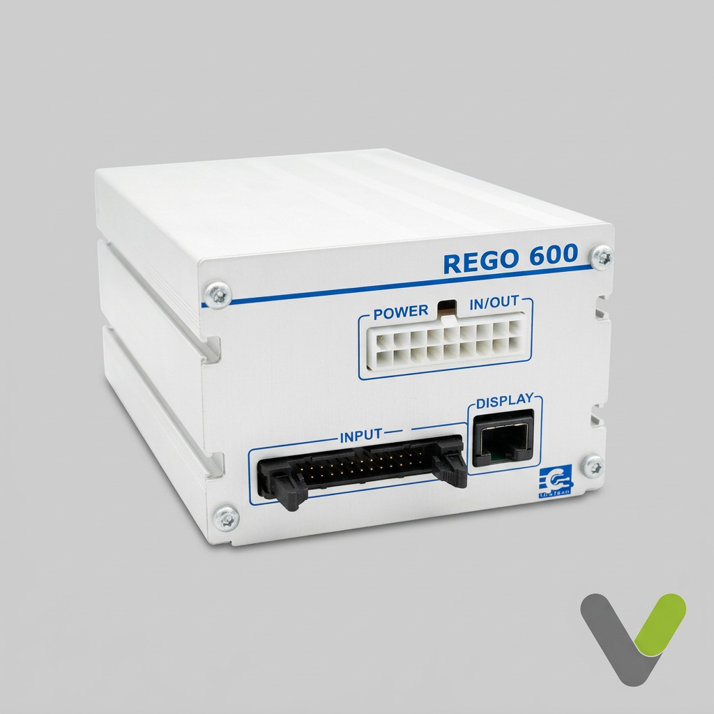 IVT Rego Box 600 heat pump control unit front panel with power, in/out, display and input connectors