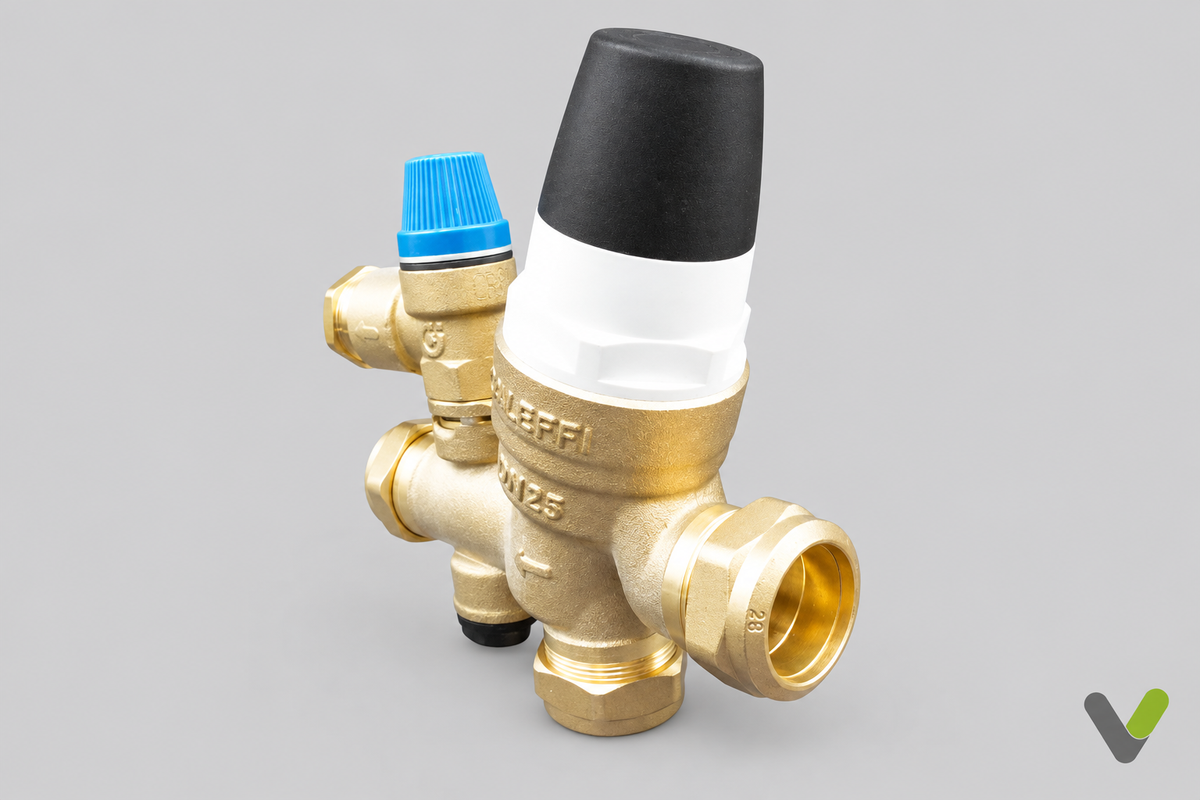 Caleffi multibloc brass valve assembly angled view on flat light-grey background with V logo