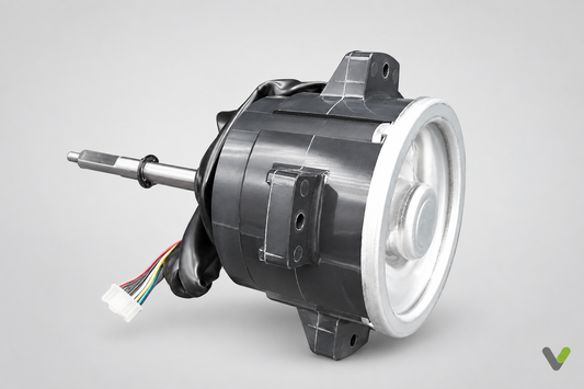 Mitsubishi Electric fan motor R01E72221, three-quarter view on a light grey studio background with V watermark