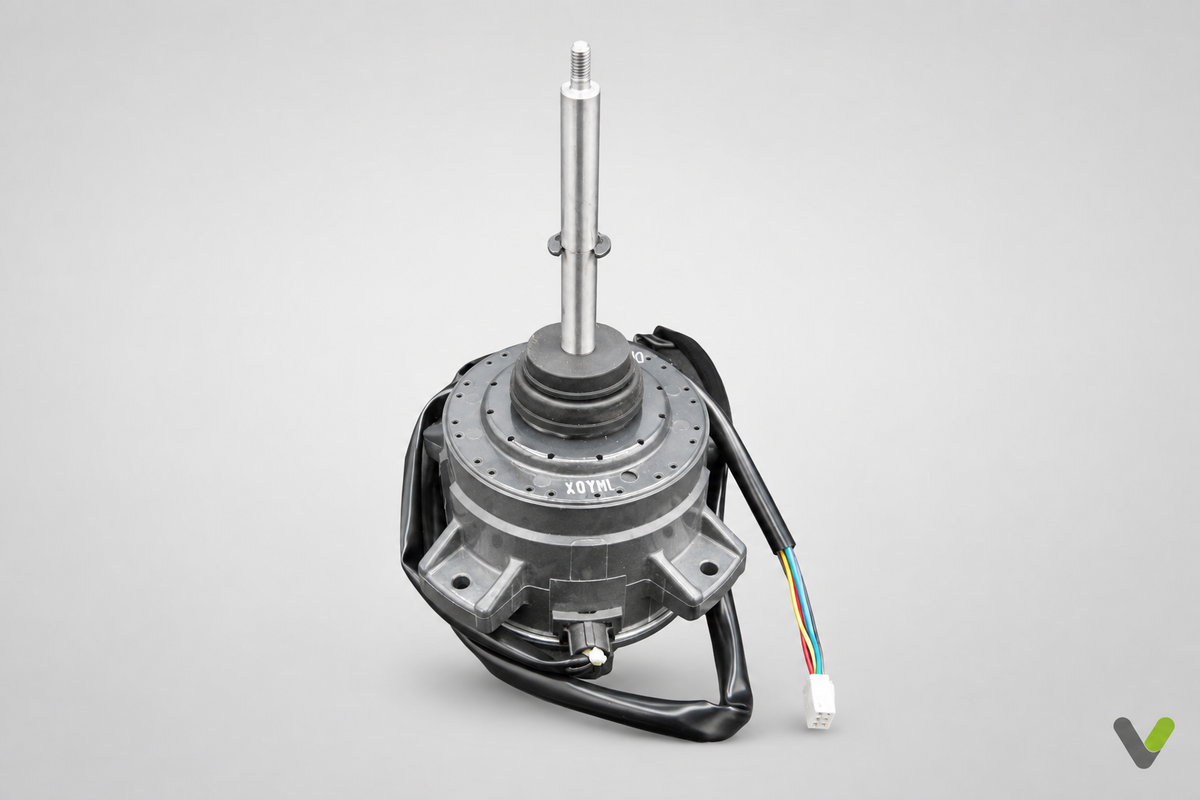 Mitsubishi Electric fan motor R01E72221, upright view on a light grey studio background with V watermark