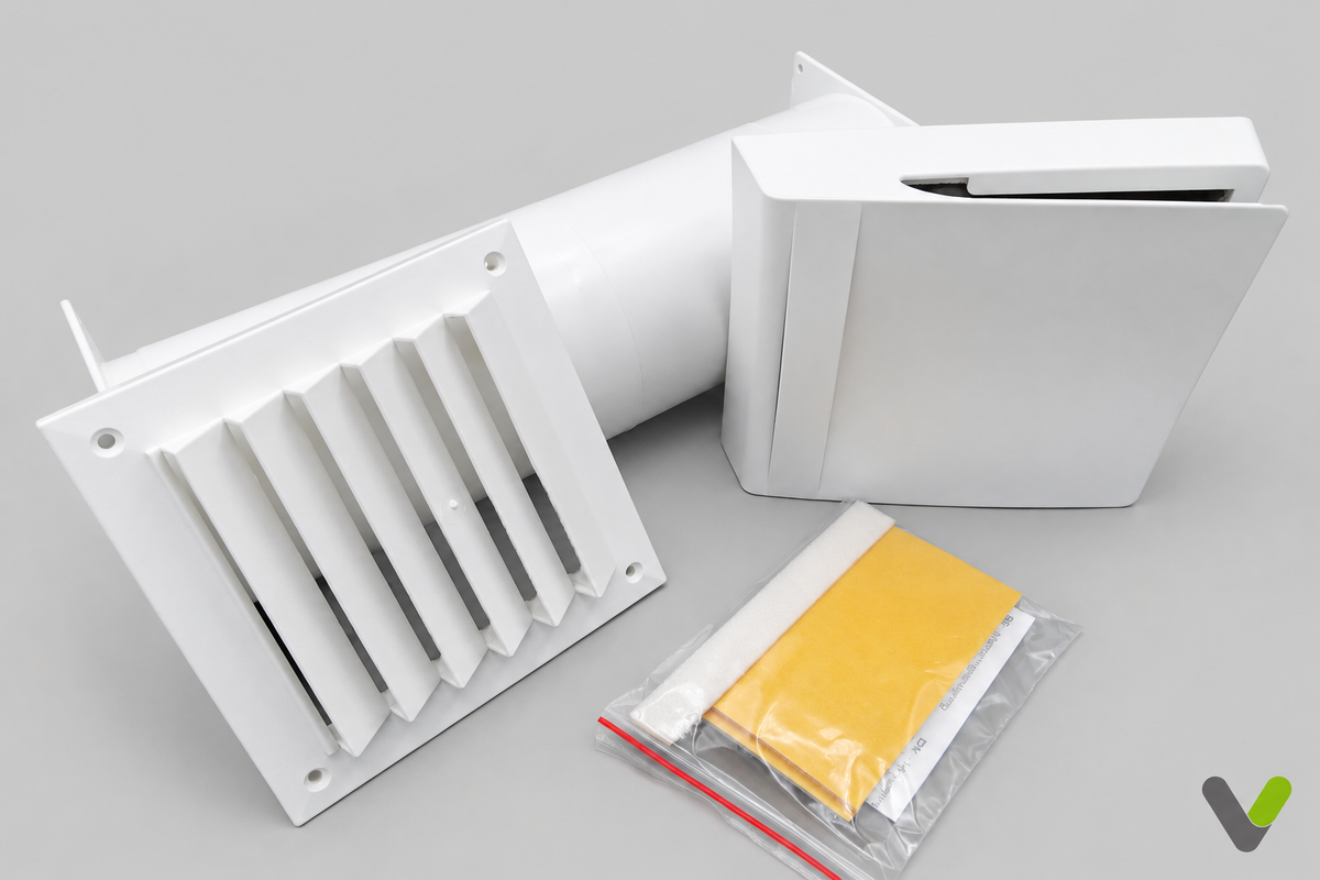 NIBE Fresh TL98F white wall air supply valve parts and bag on light-grey background with V watermark