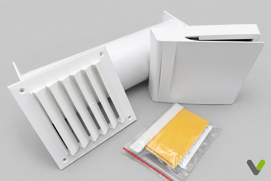 NIBE Fresh TL98F white wall air supply valve parts and bag on light-grey background with V watermark