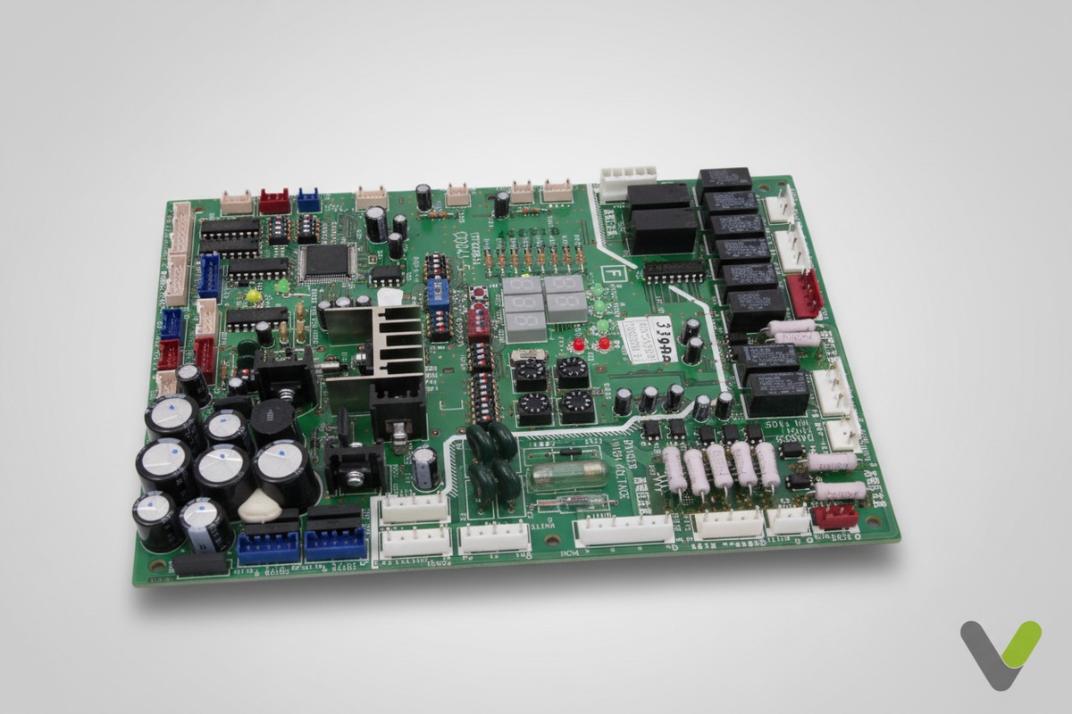 Hitachi main PWB1 card E02833 close-up view on grey studio background