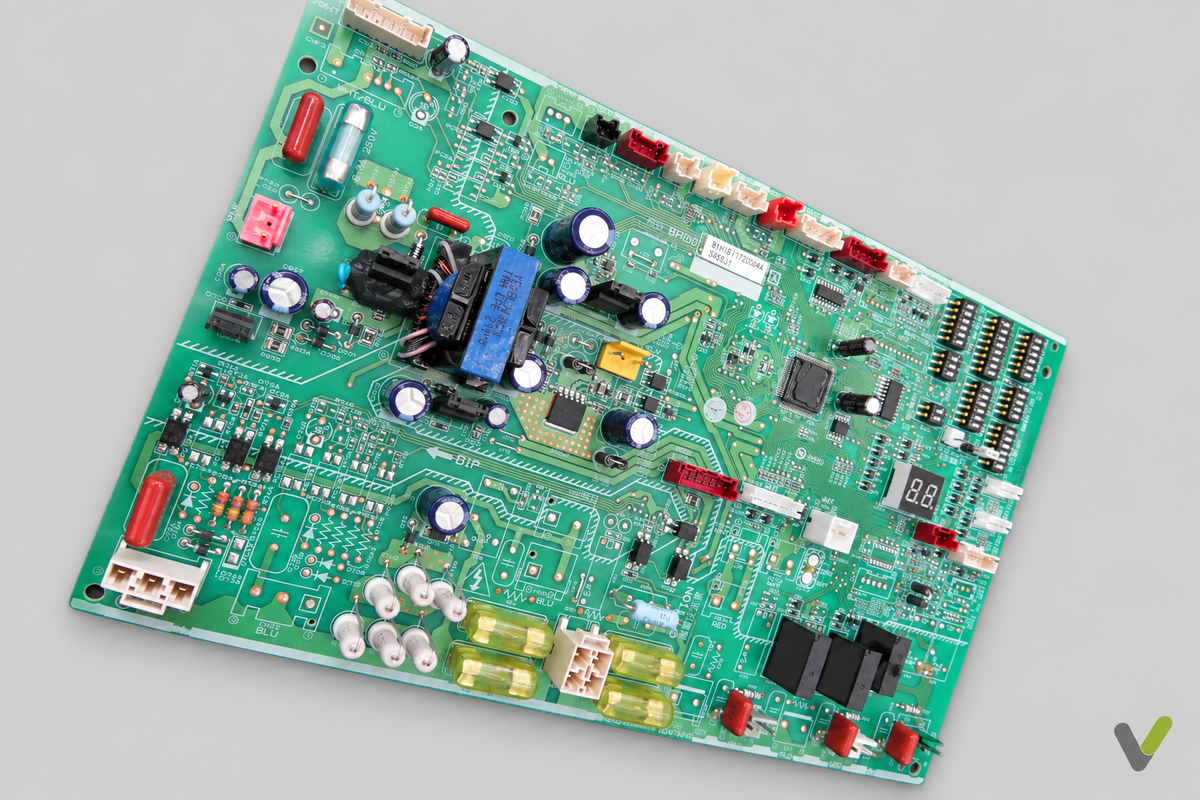 Mitsubishi Electric control PCB diagonal component-side view on light grey background with V watermark