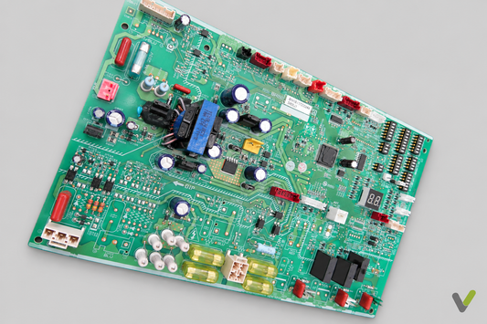 Mitsubishi Electric control PCB diagonal component-side view on light grey background with V watermark