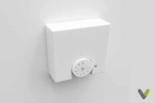 Nibe RG10 Room Sensor 018433 on light grey background with Varme Tec V logo