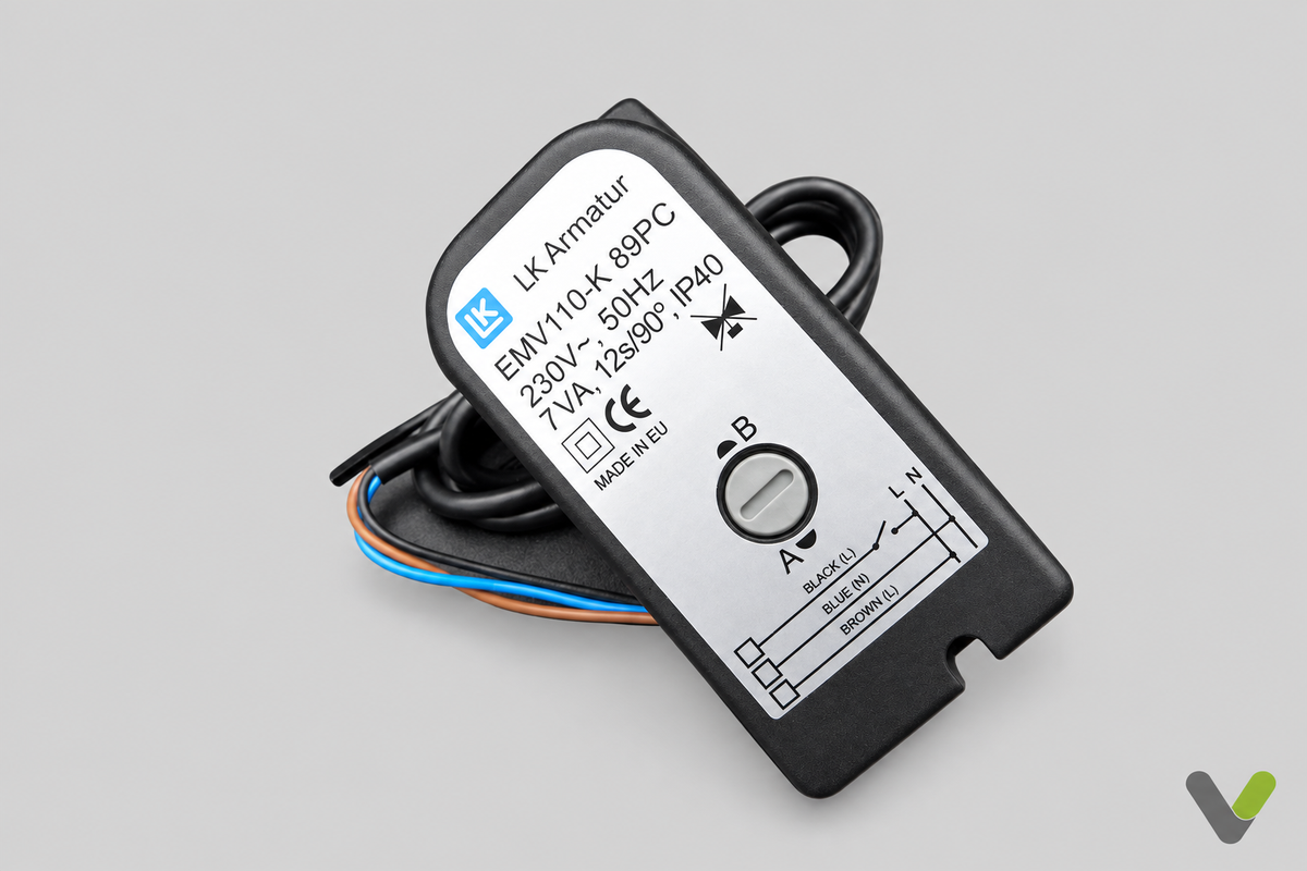 LK Armatur EMV 110-K actuator 066111 label and wiring on a light grey background