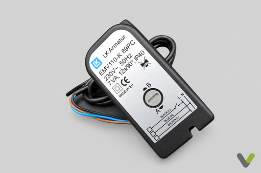LK Armatur EMV 110-K actuator 066111 label and wiring on a light grey background