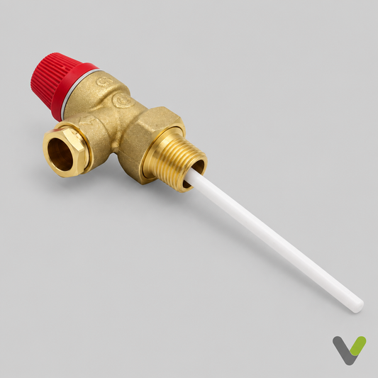 NIBE 7 bar temperature and pressure relief valve 624322 with brass body and white discharge tube