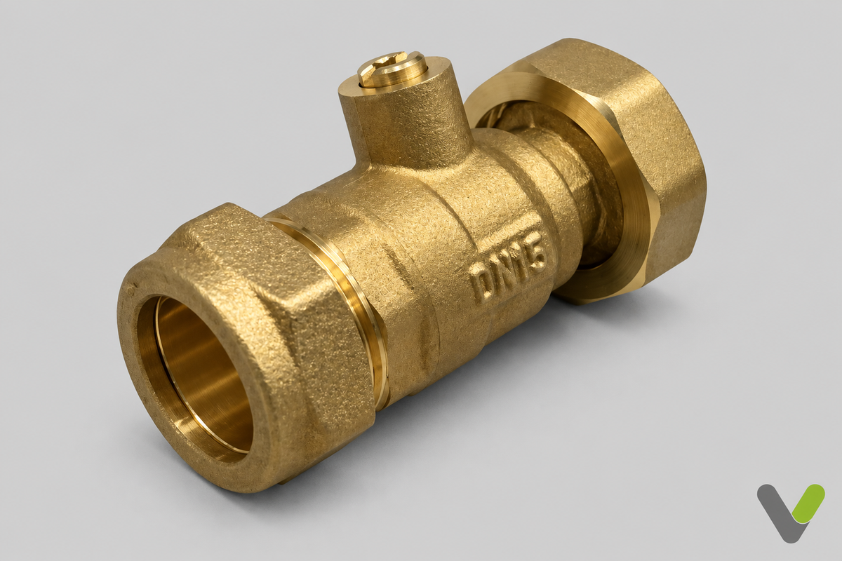 NIBE brass ball valve with union nut 524270, angled view on light grey