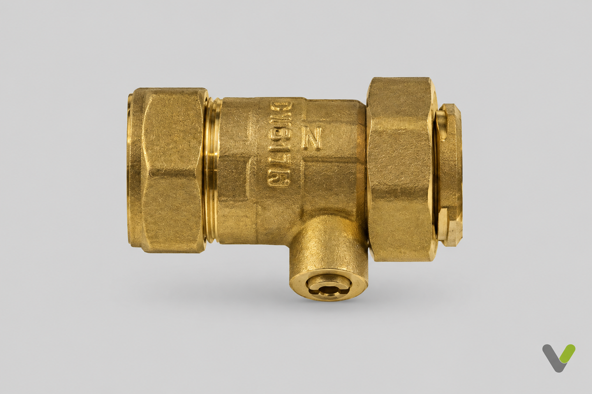 NIBE brass ball valve with union nut 524270, side view on light grey