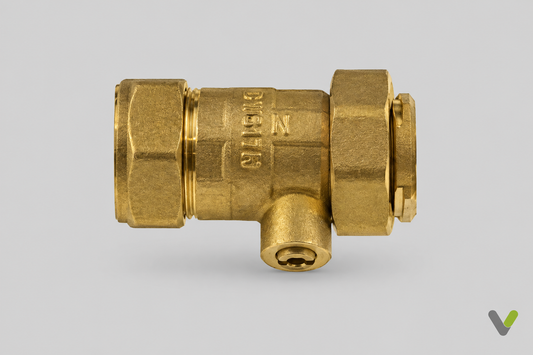 NIBE brass ball valve with union nut 524270, side view on light grey