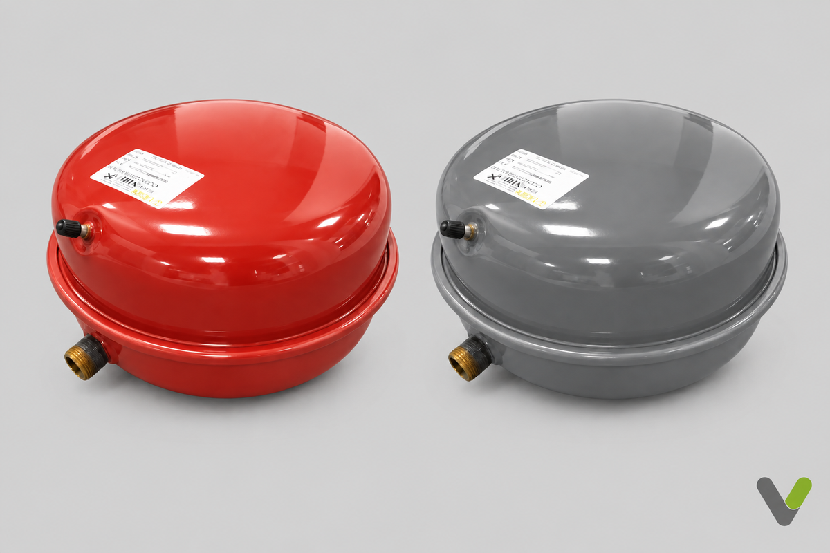 Red and grey NIBE expansion vessels side by side