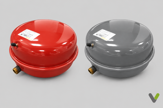 Red and grey NIBE expansion vessels side by side